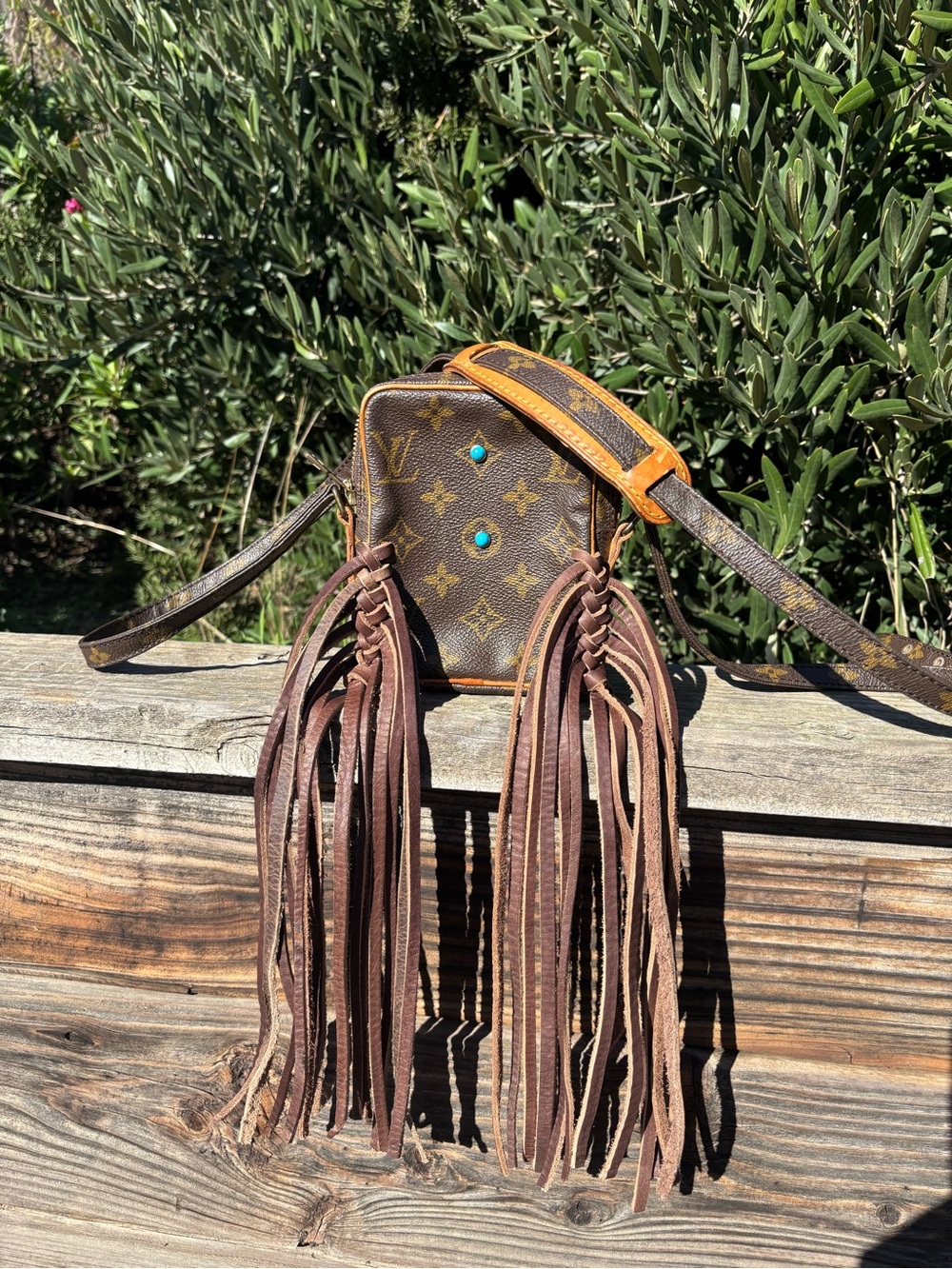 Designer-Inspired Brown Monogram Crossbody Bag with Fringe